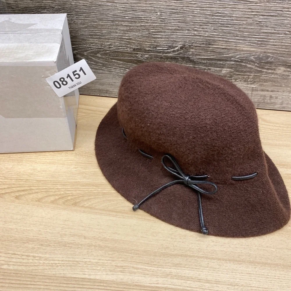 Vintage Liz Claiborne Hat Cap Fitted Brown Wool Blend Cloche Bucket Bow Womens